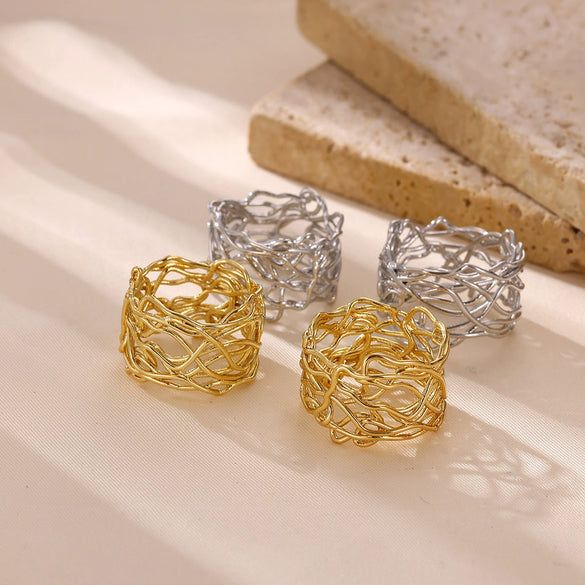 Light Luxury Geometric Irregular Lines Hollow Wide Ring Inlaid With Gold Stainless Steel Ring For Women