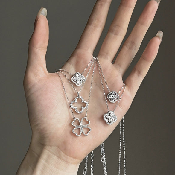 Light Luxury Geometric 925 Silver Necklace With Flower Four Leaf Clover Fritillary Agate Zircon For Women