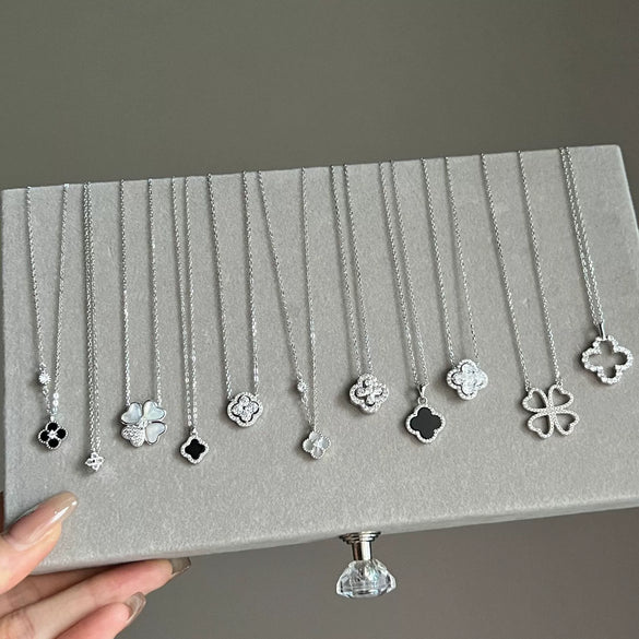 Light Luxury Geometric 925 Silver Necklace With Flower Four Leaf Clover Fritillary Agate Zircon For Women