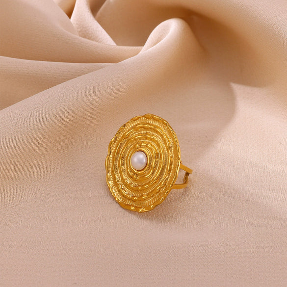 Light Luxury Geometric Stainless Steel Imitation Pearl Ring Jewelry For Women With Electroplating