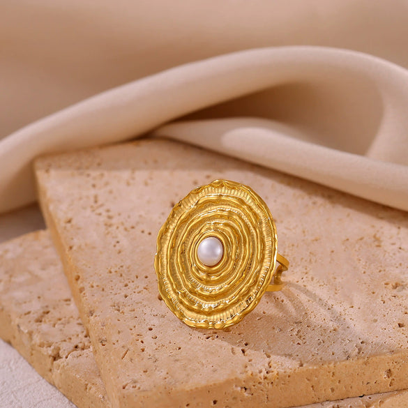 Light Luxury Geometric Stainless Steel Imitation Pearl Ring Jewelry For Women With Electroplating