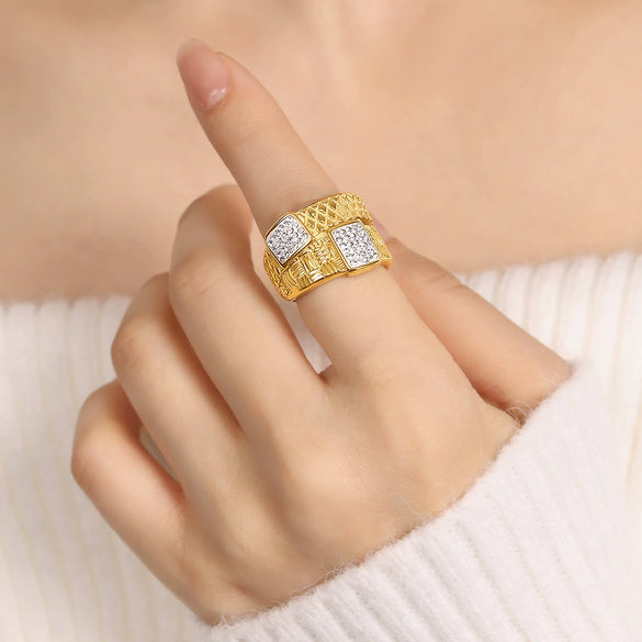 Light Luxury Geometric Wide Couple's Titanium Steel Diamond Ring With Electroplating Jewelry