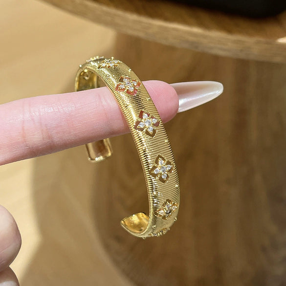 Light Luxury Gold Plated Copper Diamondshaped Flower Zircon Brushed Finish Hollow Bracelet