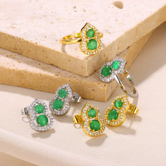 Light Luxury Green Gem Gourd Open Ring For Women Stainless Steel Electroplated