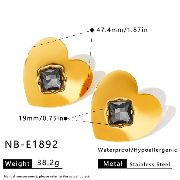 Light Luxury Heart Shaped Stainless Steel Earrings For Women With Rhinestones And 18K Vacuum Plated Geometric Design