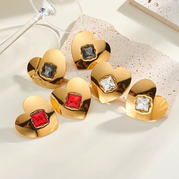 Light Luxury Heart Shaped Stainless Steel Earrings For Women With Rhinestones And 18K Vacuum Plated Geometric Design