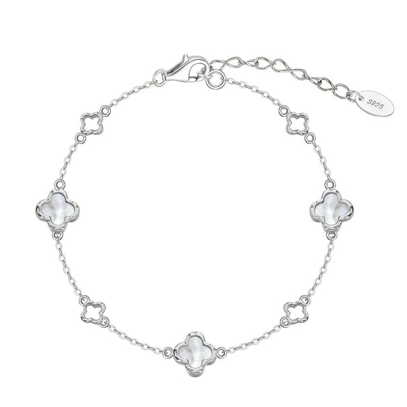 Light Luxury High End Feeling 925 Sterling Silver Niche Design Exquisite Hollow Out Geometric Lucky Grass Mother Shell Women's Bracelet With Electroplating