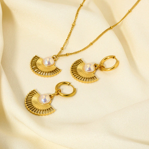Light Luxury Inlaid Pearl Fanshaped Stainless Steel Earrings And Necklace With Electroplating Treatment For Women