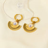 Light Luxury Inlaid Pearl Fanshaped Stainless Steel Earrings And Necklace With Electroplating Treatment For Women