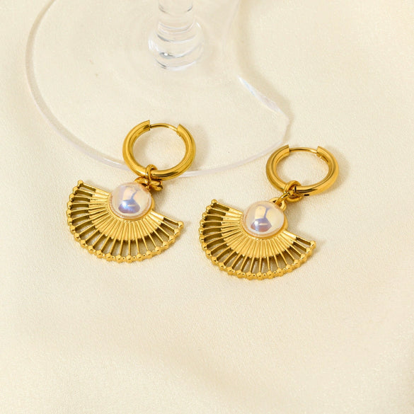 Light Luxury Inlaid Pearl Fanshaped Stainless Steel Earrings And Necklace With Electroplating Treatment For Women