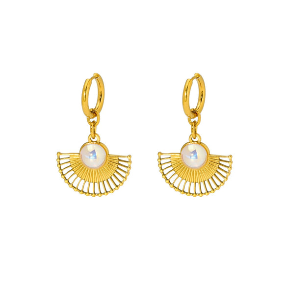 Light Luxury Inlaid Pearl Fanshaped Stainless Steel Earrings And Necklace With Electroplating Treatment For Women