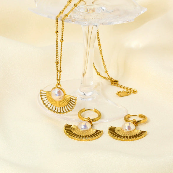Light Luxury Inlaid Pearl Fanshaped Stainless Steel Earrings And Necklace With Electroplating Treatment For Women