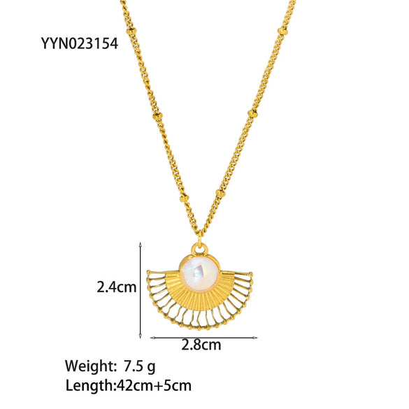 Light Luxury Inlaid Pearl Fanshaped Stainless Steel Earrings And Necklace With Electroplating Treatment For Women