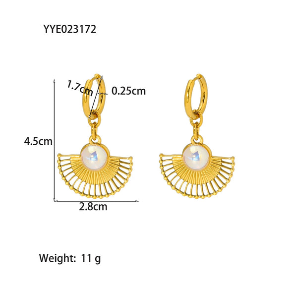 Light Luxury Inlaid Pearl Fanshaped Stainless Steel Earrings And Necklace With Electroplating Treatment For Women