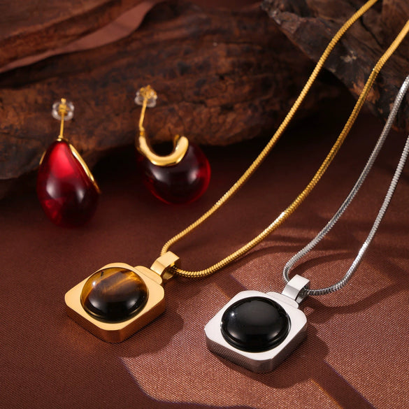 Light Luxury Jewelry Suit 316L Stainless Steel Inlaid With Tiger Eye Stone Retro Style Electroplating