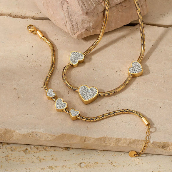 Light Luxury Love Heart Women's Jewelry Set With Stainless Steel Accessories Electroplated Bracelet And Necklace Featuring Love Water Drops And Bell Patterns