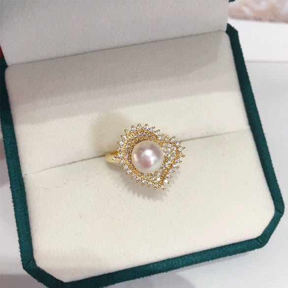 Light Luxury Microinlaid Zircon Freshwater Pearl Peach Heart Ring Copper Material Women's Style