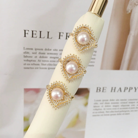 Light Luxury Microinlaid Zircon Freshwater Pearl Peach Heart Ring Copper Material Women's Style