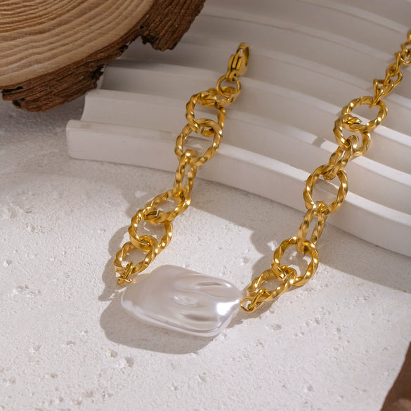 Light Luxury Minimalist Geometric Handmade Stainless Steel Real Gold Plated Pearl Bracelet For Women