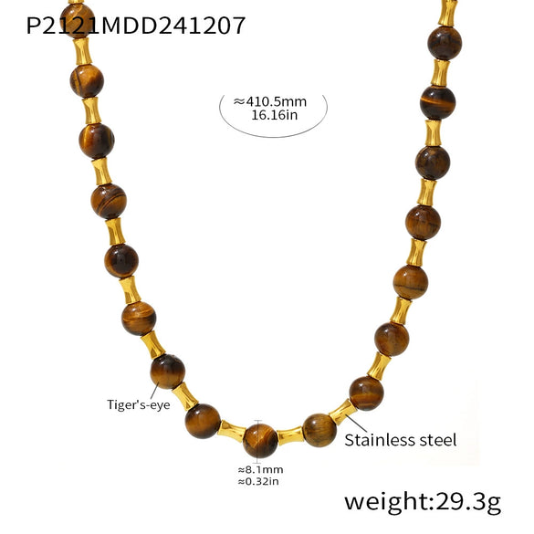 Light Luxury Natural Stone Tiger Eye Beads Stainless Steel Bamboo Ots Buckle Clavicle Necklace With Geometric Design And Electroplating