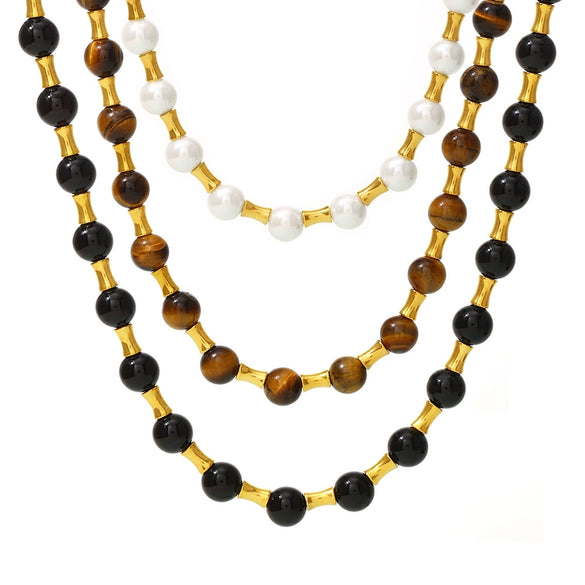 Light Luxury Natural Stone Tiger Eye Beads Stainless Steel Bamboo Ots Buckle Clavicle Necklace With Geometric Design And Electroplating