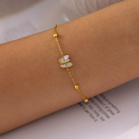 Light Luxury Niche Butterfly Bead Bracelet With Natural Fritillaria And 3A Zircon Titanium Steel Plated 18K True Gold Colorpreserving Women's Electroplated Animal Pattern