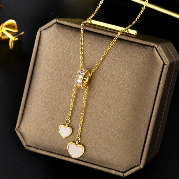 Light Luxury Niche Design Sense Simple Peach Heart Titanium Steel Necklace For Women Gold Inlaid Ball Chain Cold Style Elegant Clavicle Chain