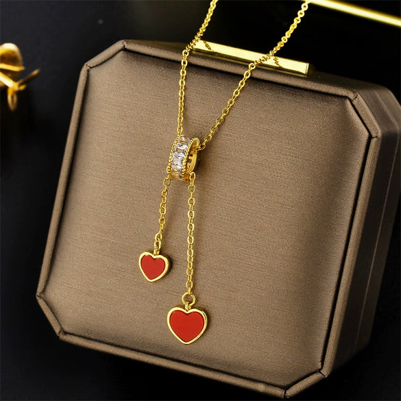 Light Luxury Niche Design Sense Simple Peach Heart Titanium Steel Necklace For Women Gold Inlaid Ball Chain Cold Style Elegant Clavicle Chain