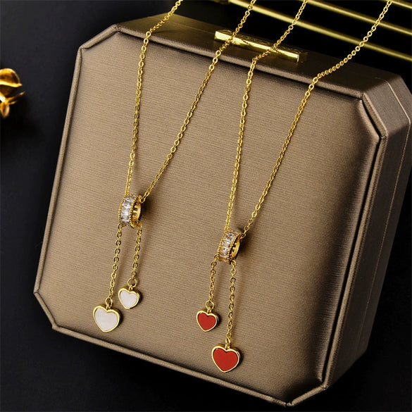 Light Luxury Niche Design Sense Simple Peach Heart Titanium Steel Necklace For Women Gold Inlaid Ball Chain Cold Style Elegant Clavicle Chain