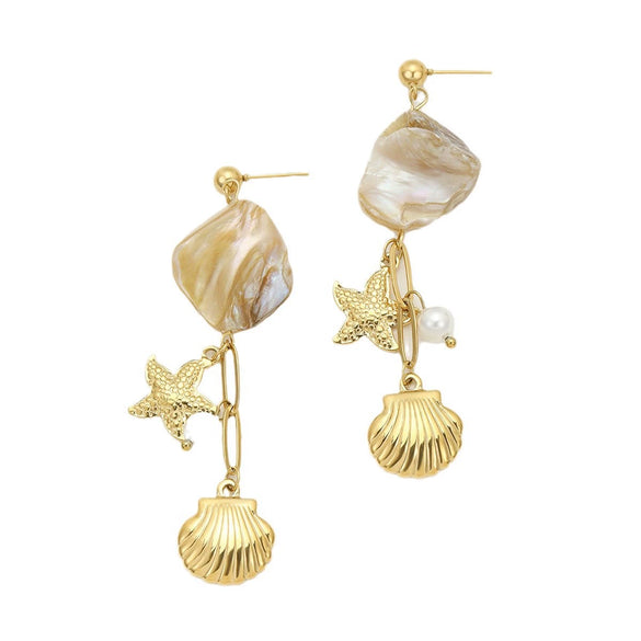 Light Luxury Ocean Style Stainless Steel Earrings With Shell Starfish Pendant And Tassel Pearl For Women Electroplating Treatment