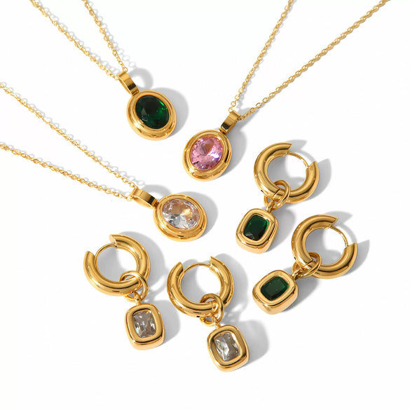 Light Luxury Oval Zircon Stainless Steel Necklace Earrings With Geometric Design And Electroplating