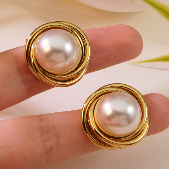 Light Luxury Retro Court Style Spiral Metal Round Bead Stainless Steel Women's Earrings With Polishing Geometric Design