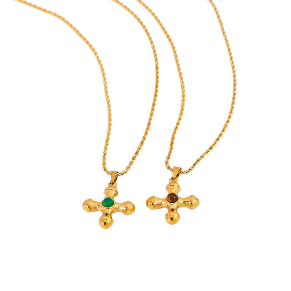 Light Luxury Retro Doublelayered Unisex Necklace With Goldplated Titanium Steel Cross And Tiger Eye Stone Pendant Featuring Geometric Stacking Style And Letter Number Text Patterns