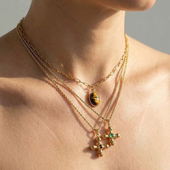 Light Luxury Retro Doublelayered Unisex Necklace With Goldplated Titanium Steel Cross And Tiger Eye Stone Pendant Featuring Geometric Stacking Style And Letter Number Text Patterns