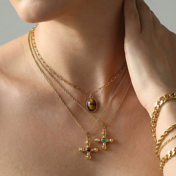Light Luxury Retro Doublelayered Unisex Necklace With Goldplated Titanium Steel Cross And Tiger Eye Stone Pendant Featuring Geometric Stacking Style And Letter Number Text Patterns