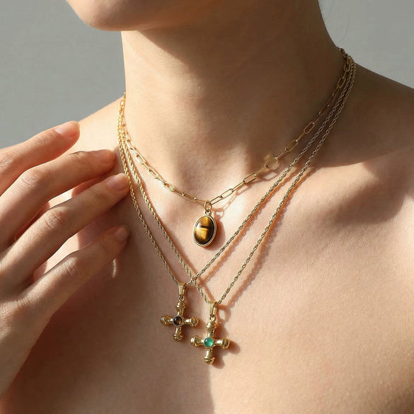 Light Luxury Retro Doublelayered Unisex Necklace With Goldplated Titanium Steel Cross And Tiger Eye Stone Pendant Featuring Geometric Stacking Style And Letter Number Text Patterns