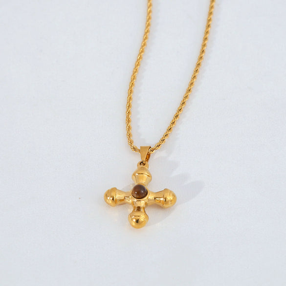 Light Luxury Retro Doublelayered Unisex Necklace With Goldplated Titanium Steel Cross And Tiger Eye Stone Pendant Featuring Geometric Stacking Style And Letter Number Text Patterns