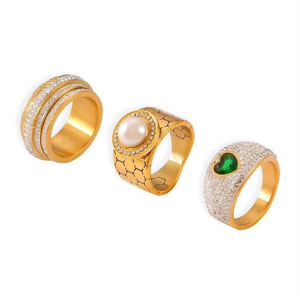 Light Luxury Ring With Freshwater Pearl 316L Stainless Steel Gold Plated Inlay Geometric Heart Design