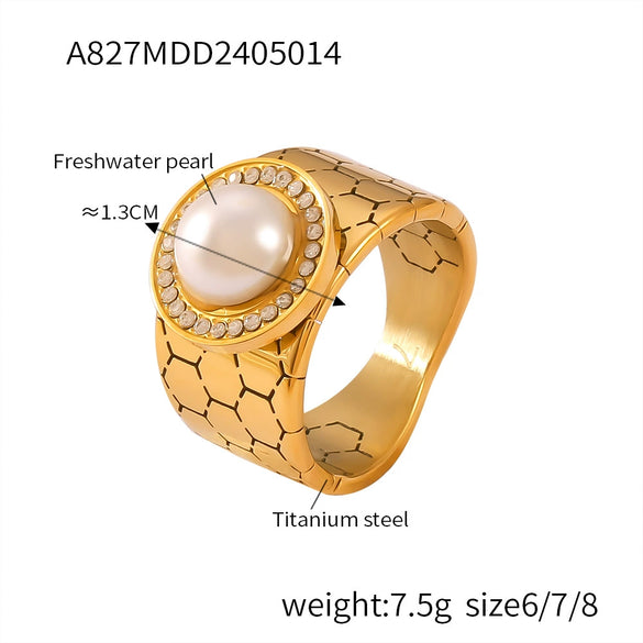 Light Luxury Ring With Freshwater Pearl 316L Stainless Steel Gold Plated Inlay Geometric Heart Design