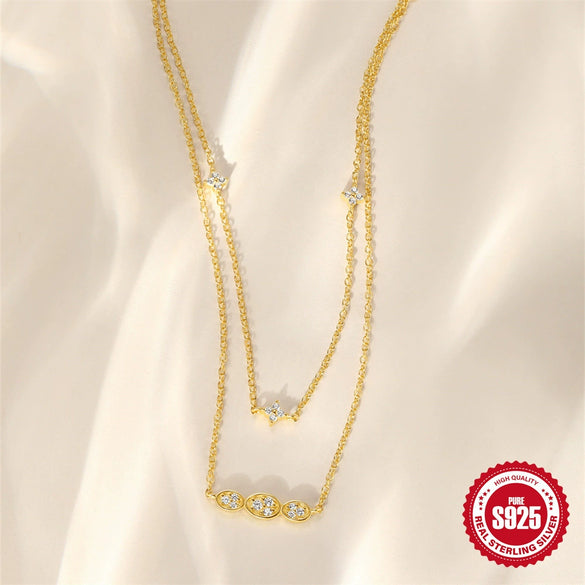 Light Luxury S925 Sterling Silver Fourleaf Clover Oval Shape Exquisite Adjustable Elegant Collarbone Necklace For Women With Zirconia Design