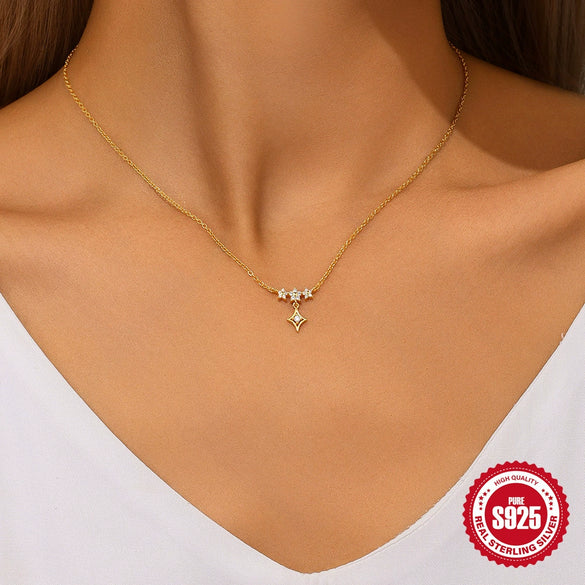 Light Luxury S925 Sterling Silver Ins Simple Style Exquisite Flower Star Geometric Design Women's Collarbone Necklace With O Chain And Electroplating
