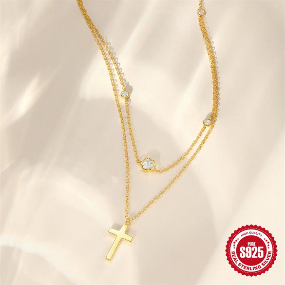 Light Luxury S925 Sterling Silver Plum Blossom Glossy Cross Adjustable Elegant Collarbone Necklace For Women With Zirconia Design