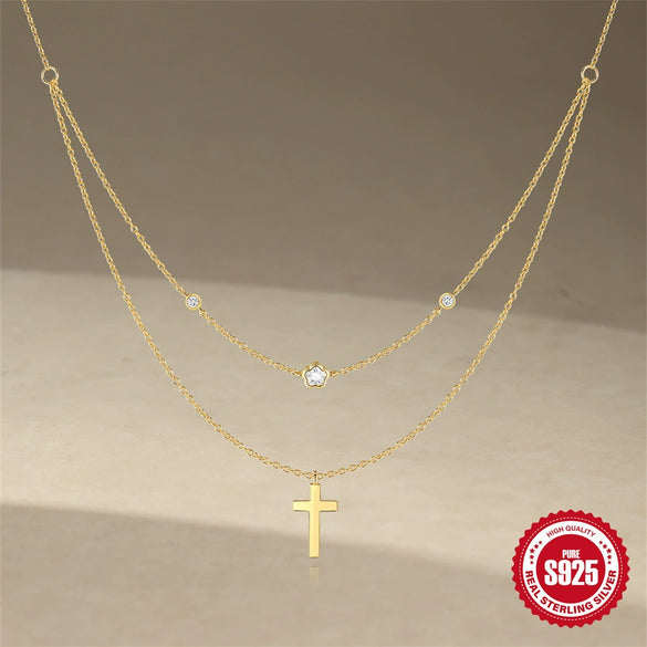 Light Luxury S925 Sterling Silver Plum Blossom Glossy Cross Adjustable Elegant Collarbone Necklace For Women With Zirconia Design