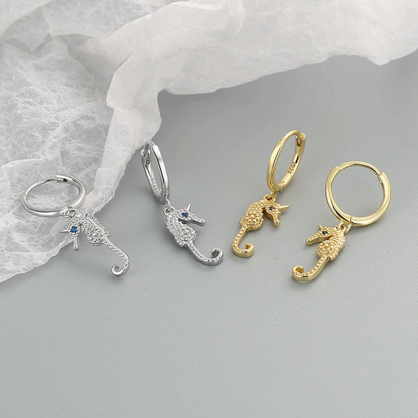 Light Luxury Seahorse Shaped Sterling Silver Earrings With Electroplated Geometric Design Fashion All Match Jewelry