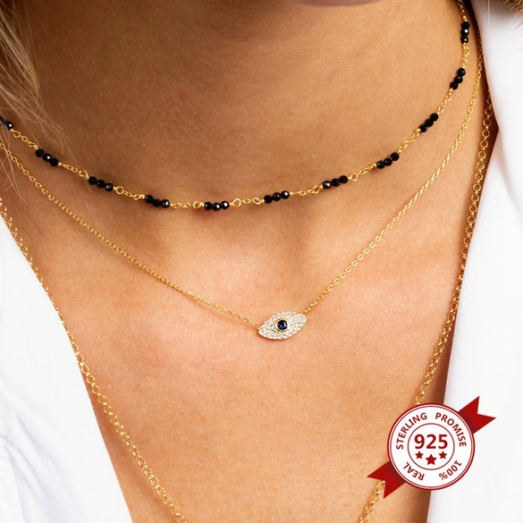 Light Luxury 925 Silver Geometric Devil Eye Pendant Necklace With Snake Bone Chain Electroplated Collarbone Necklace For Women