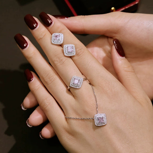 Light Luxury 925 Silver Jewelry Set With Cube Sugar Pink 8A Zircon And High Carbon Diamond Electroplated For Women