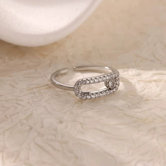 Light Luxury Simple Opening Ring Imitation Pearl Stainless Steel Geometric Set With Diamonds For Women