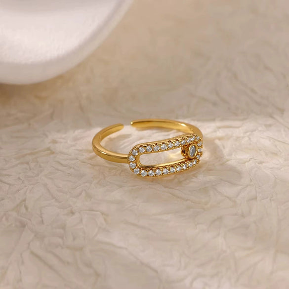 Light Luxury Simple Opening Ring Imitation Pearl Stainless Steel Geometric Set With Diamonds For Women