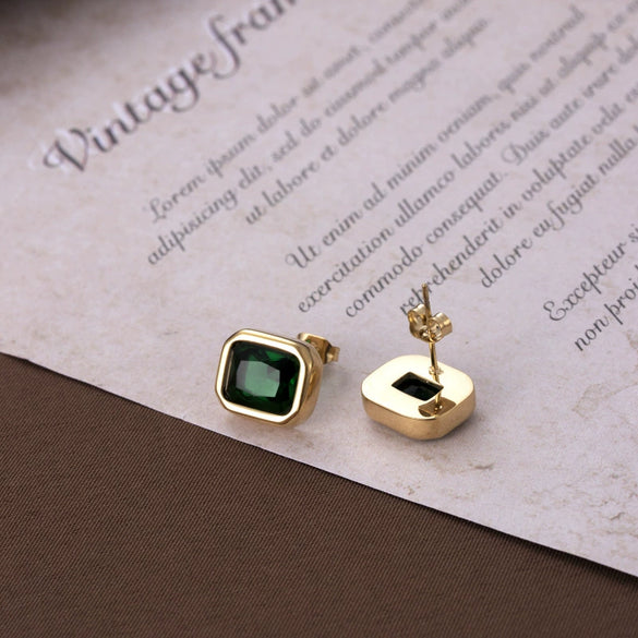 Light Luxury Simple Titanium Steel Candy Color Square Zircon Earrings With Geometric Pattern And Electroplating For Women