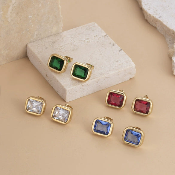 Light Luxury Simple Titanium Steel Candy Color Square Zircon Earrings With Geometric Pattern And Electroplating For Women